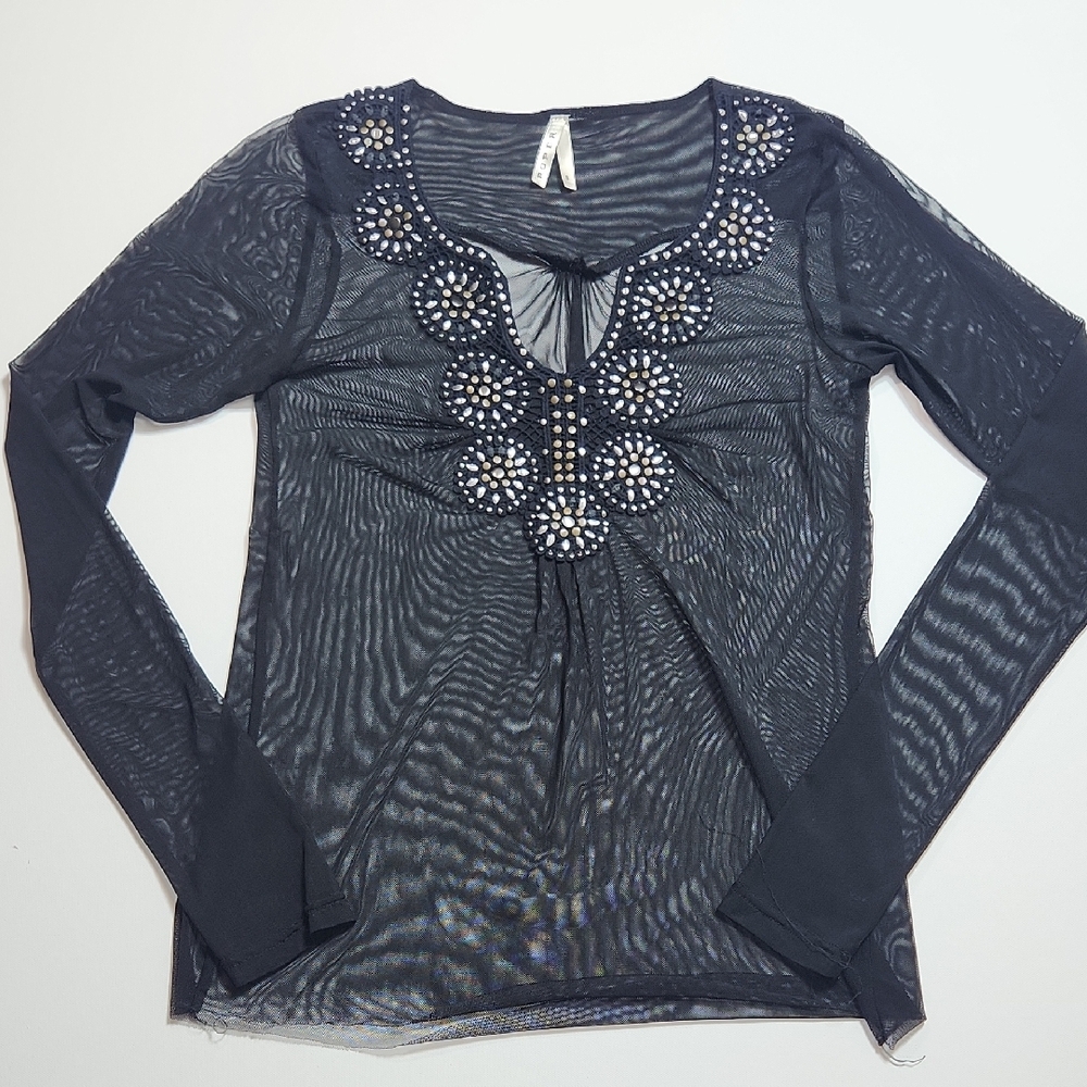 Roper Sheer Black Mesh Beaded Embellished Top Long Sleeve Boho Festival Western